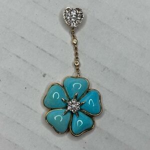 Solid 14K Gold Turquoise & Diamond Flower Pendant with Heart Bail